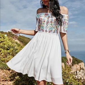 Boho print off shoulder A line dress
